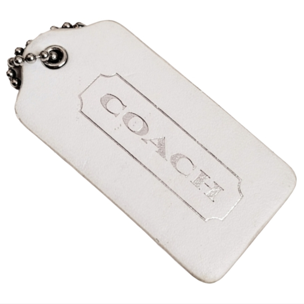 2.5" Coach White Metallic Silver Leather Nickel Hangtag Bag Fob Charm Keychain